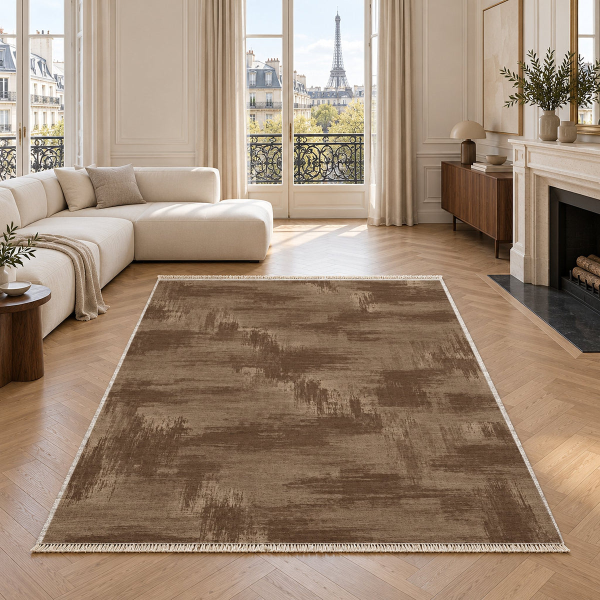 Brushed Plain Cocoa & Taupe washable rug in a living room with an Eiffel Tower view