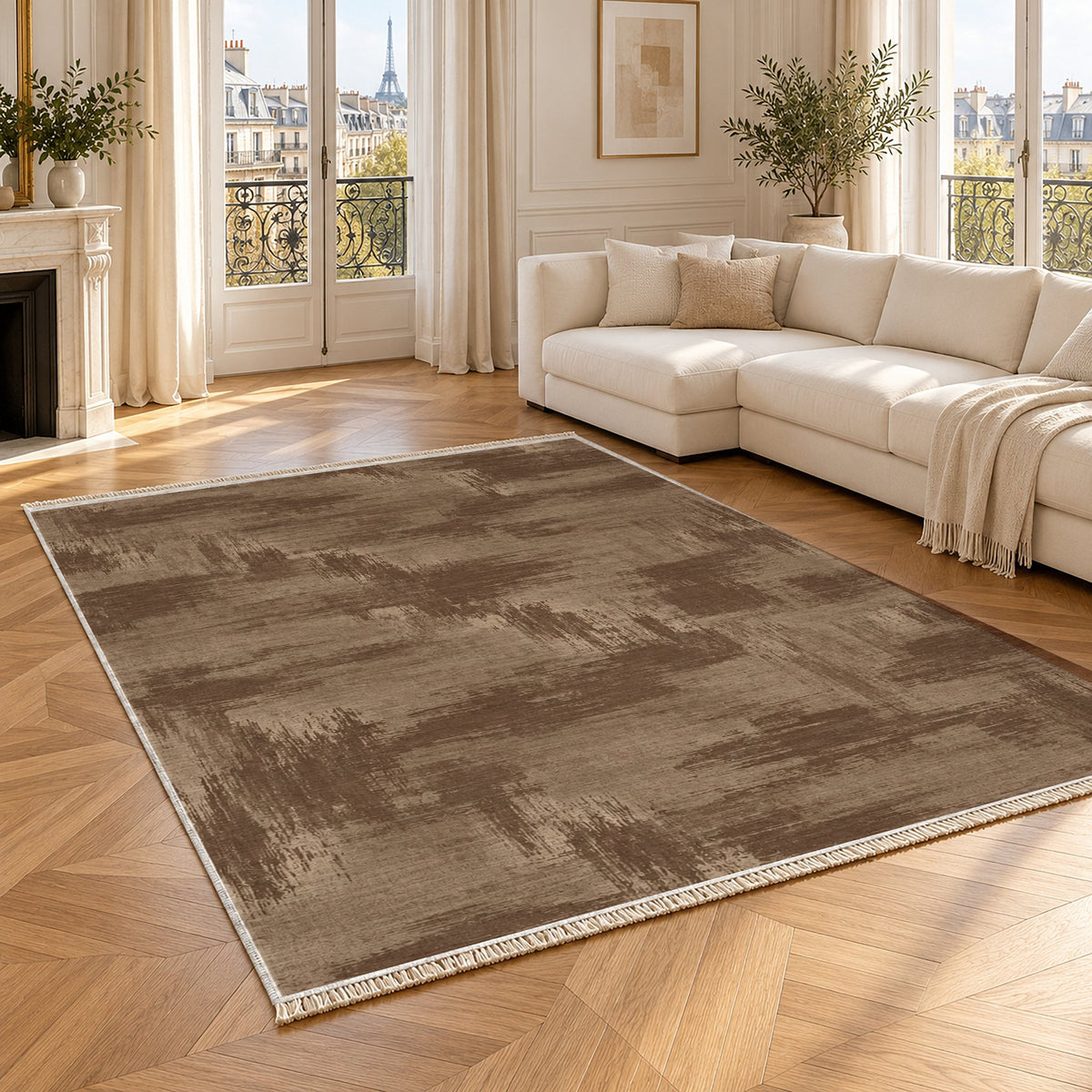Brushed Plain Cocoa & Taupe washable rug angled room view