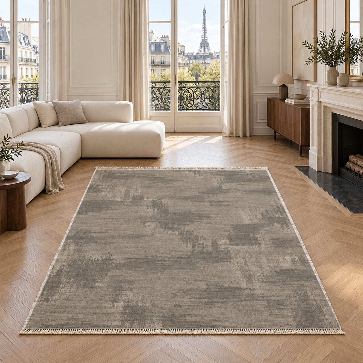 Brushed Plain Greige & Stone washable rug in a living room with an Eiffel Tower view