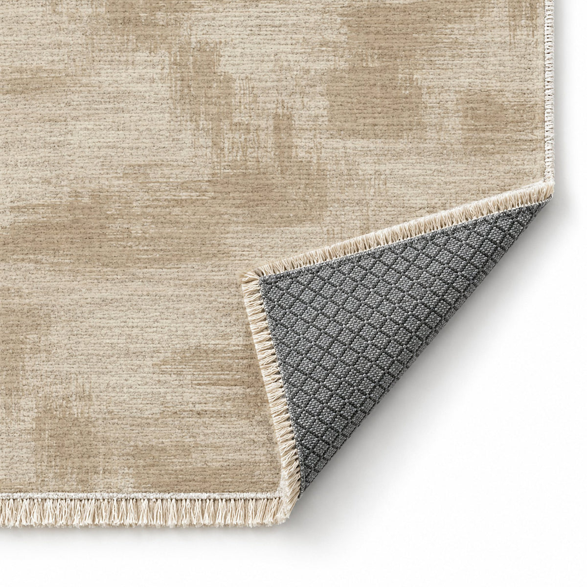 Brushed Plain Ivory & Oat washable rug folded corner showing the backing