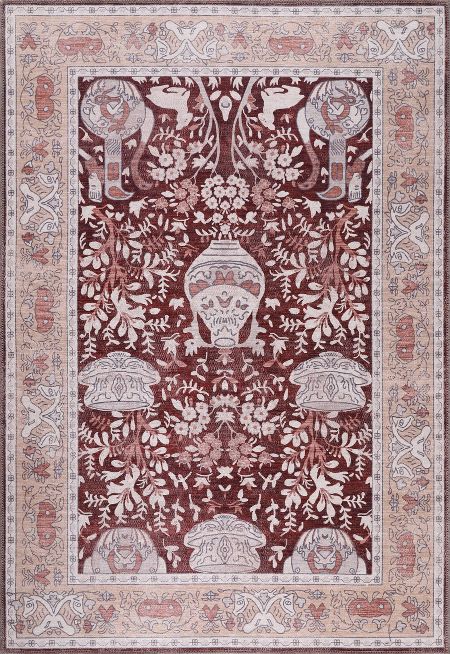 Burgundy & Blush Garden Floral Washable Rug | R4