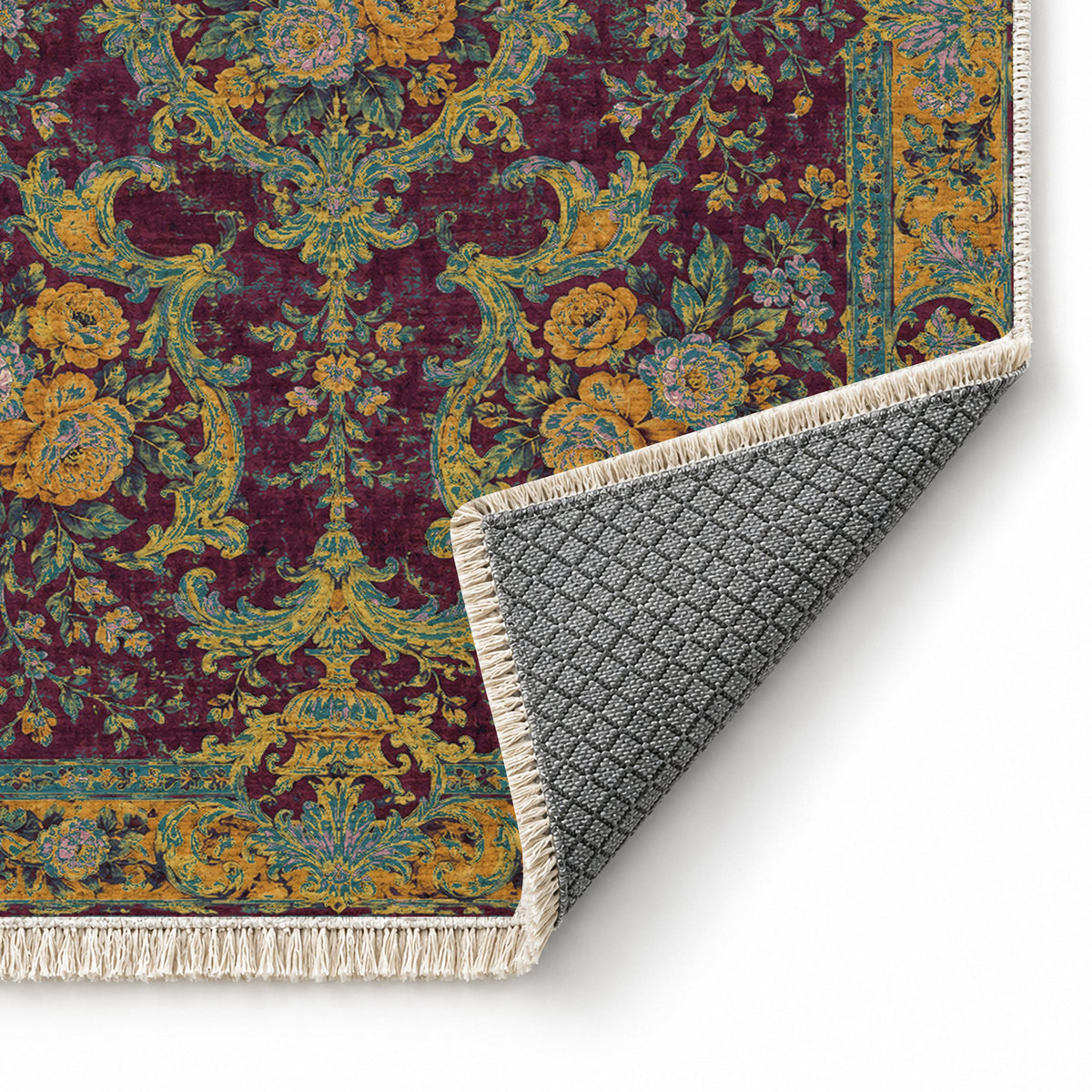 Camellia Court Burgundy & Teal washable rug folded corner showing the backing