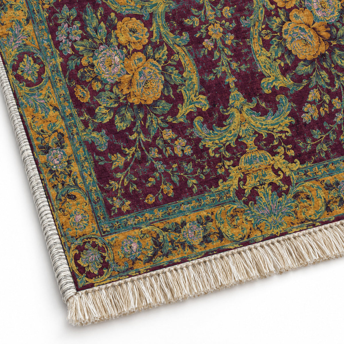 Camellia Court Burgundy & Teal washable rug close-up of the printed chenille