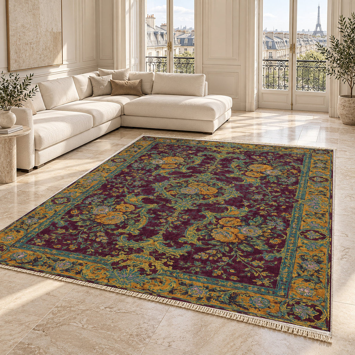 Camellia Court Burgundy & Teal washable rug angled room view on marble