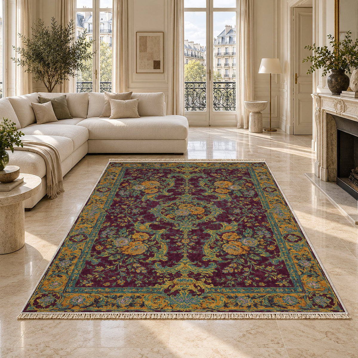 Camellia Court Burgundy & Teal washable rug on a marble floor