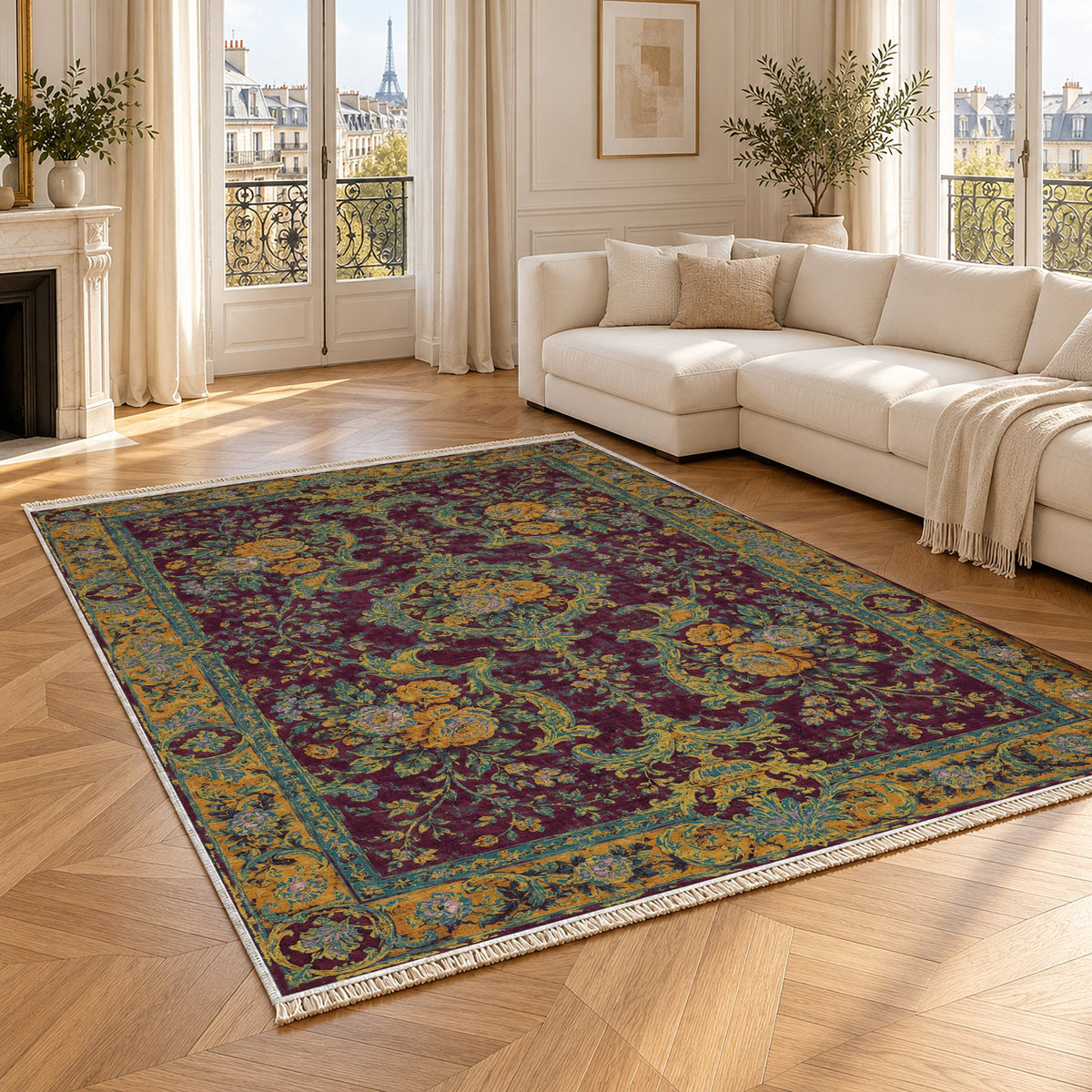 Camellia Court Burgundy & Teal washable rug angled room view