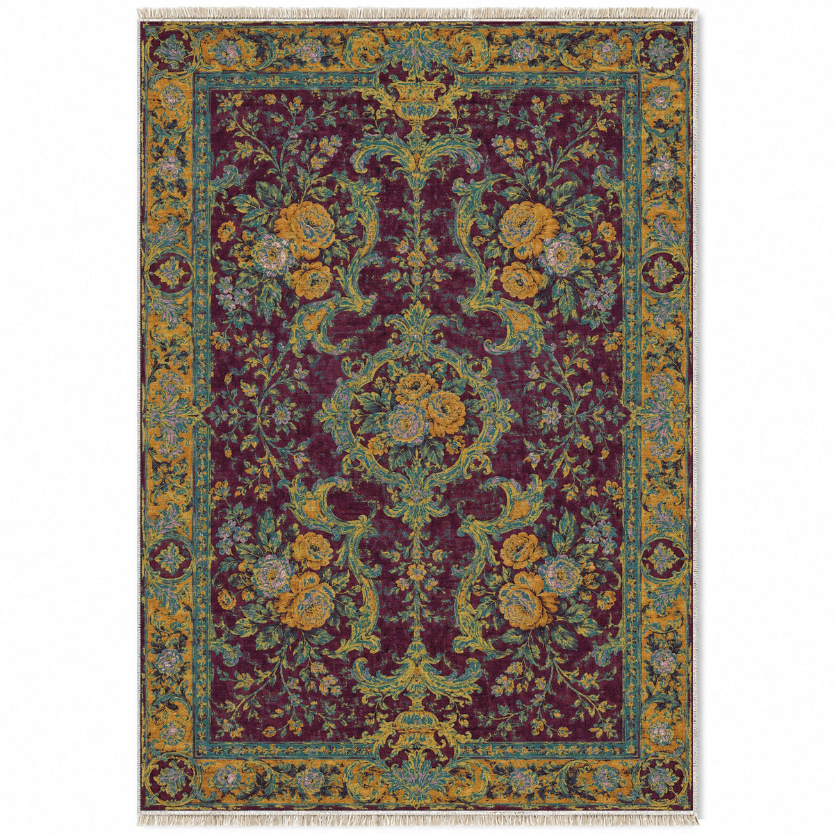 Camellia Court Burgundy & Teal washable rug top view