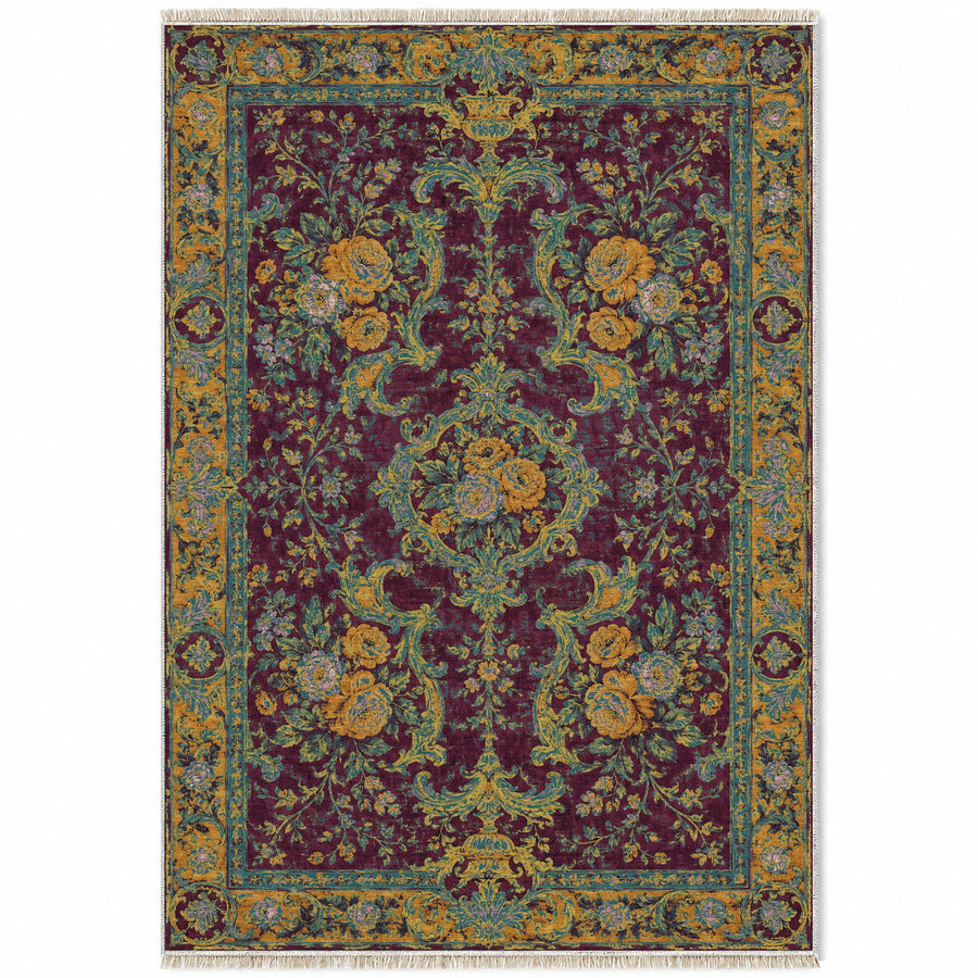 Camellia Court Burgundy & Teal Baroque Washable Rug