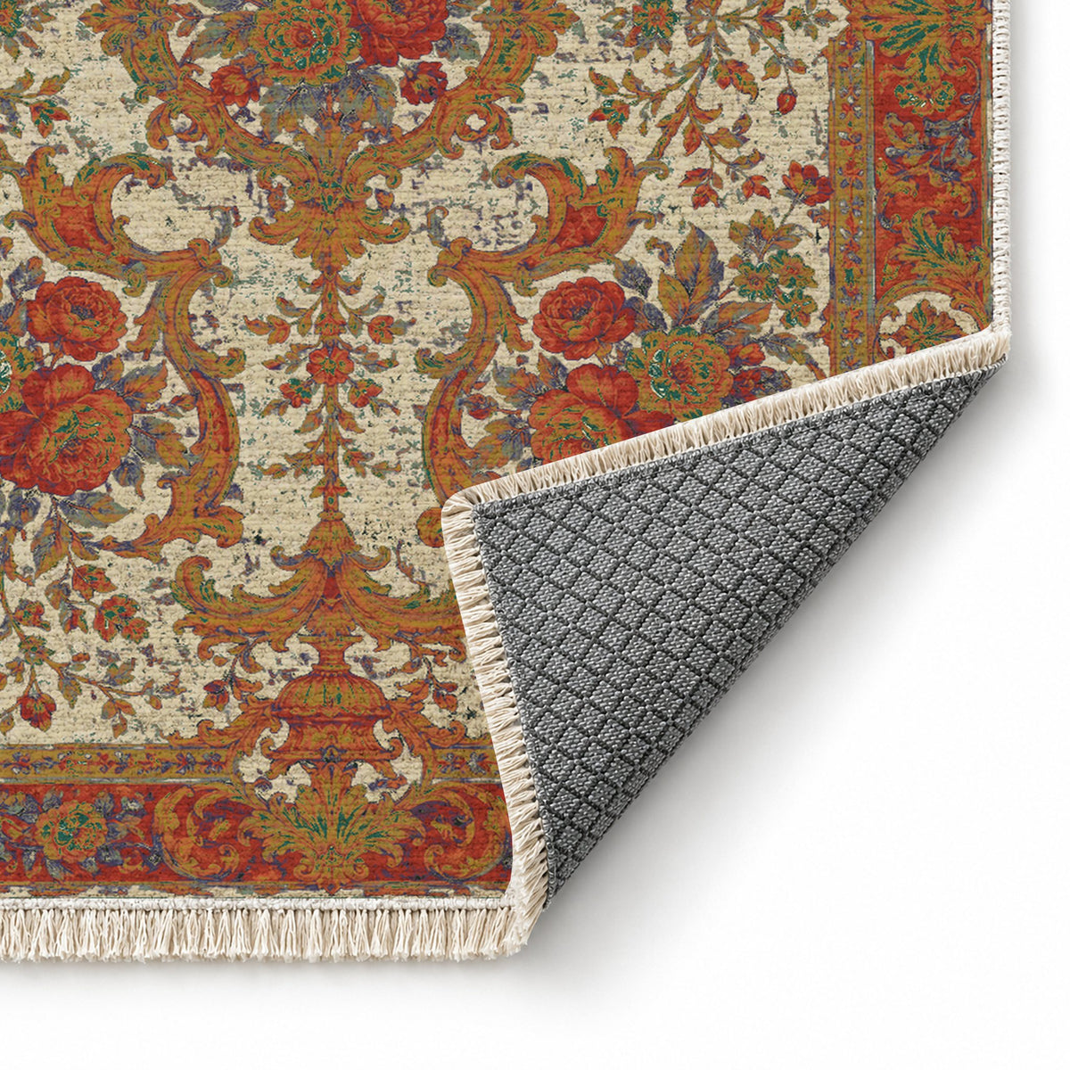 Camellia Court Emerald & Terracotta washable rug folded corner showing the backing