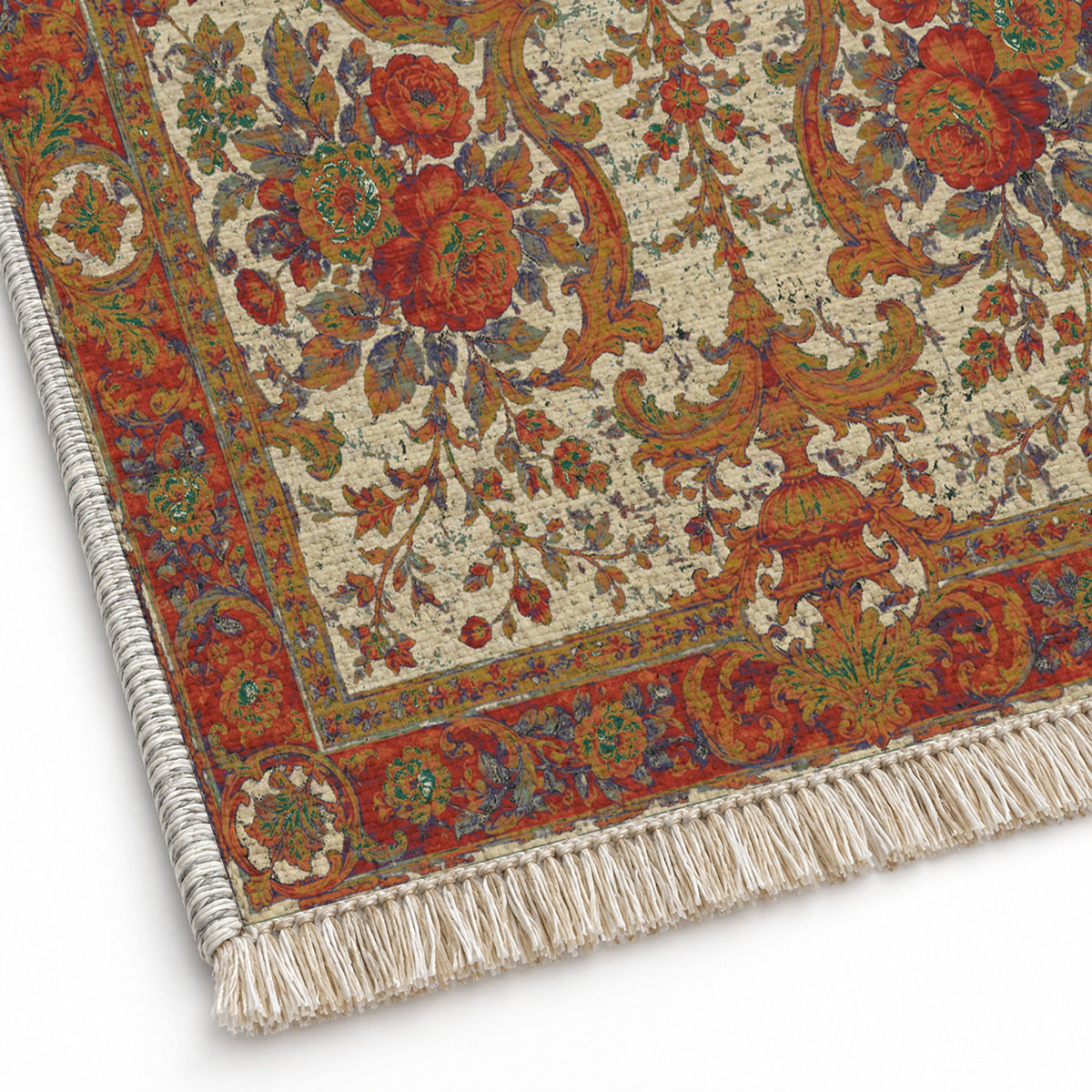 Camellia Court Emerald & Terracotta washable rug close-up of the printed chenille
