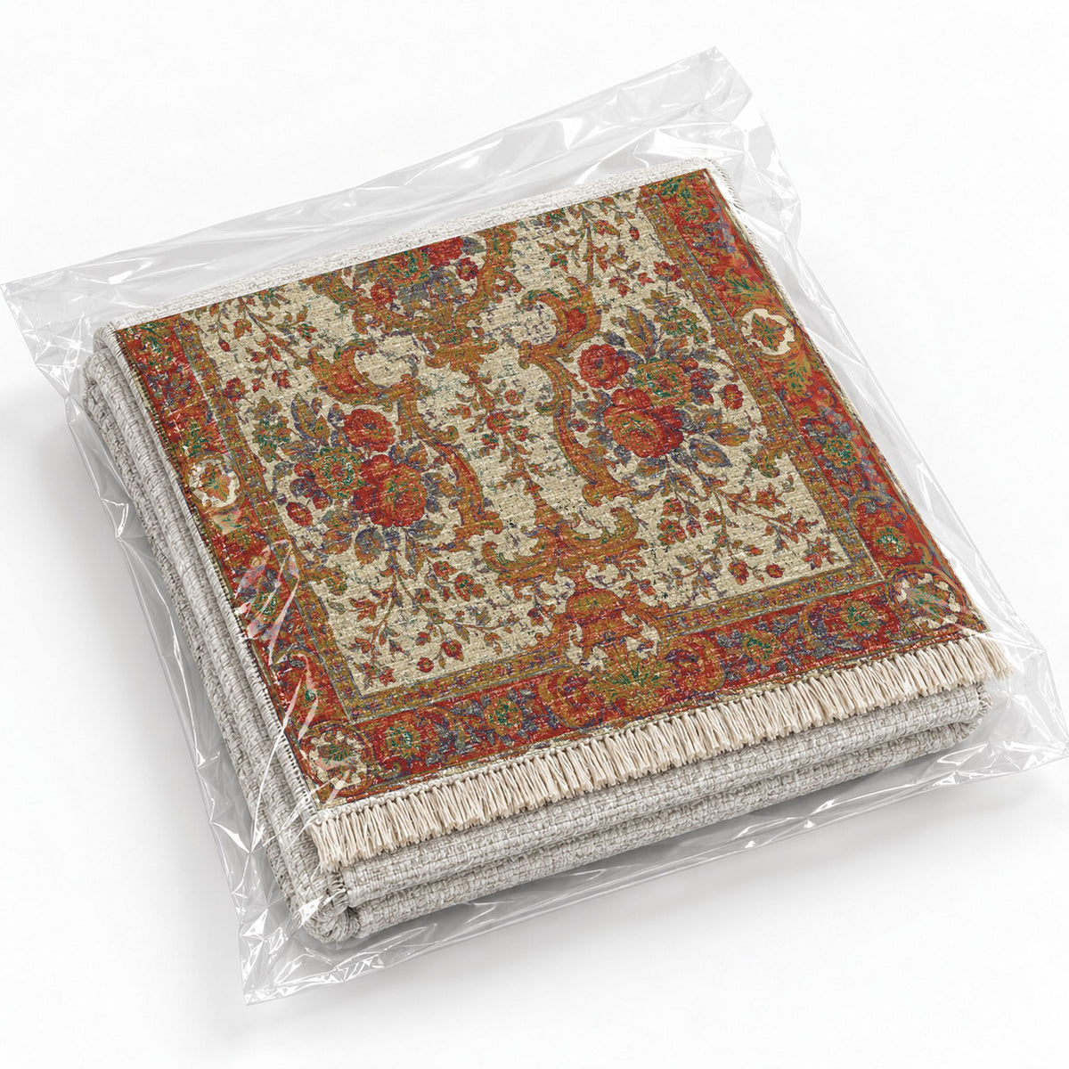 Camellia Court Emerald & Terracotta washable rug rolled and packaged