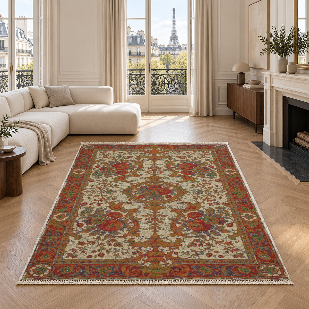 Camellia Court Emerald & Terracotta washable rug in a living room with an Eiffel Tower view