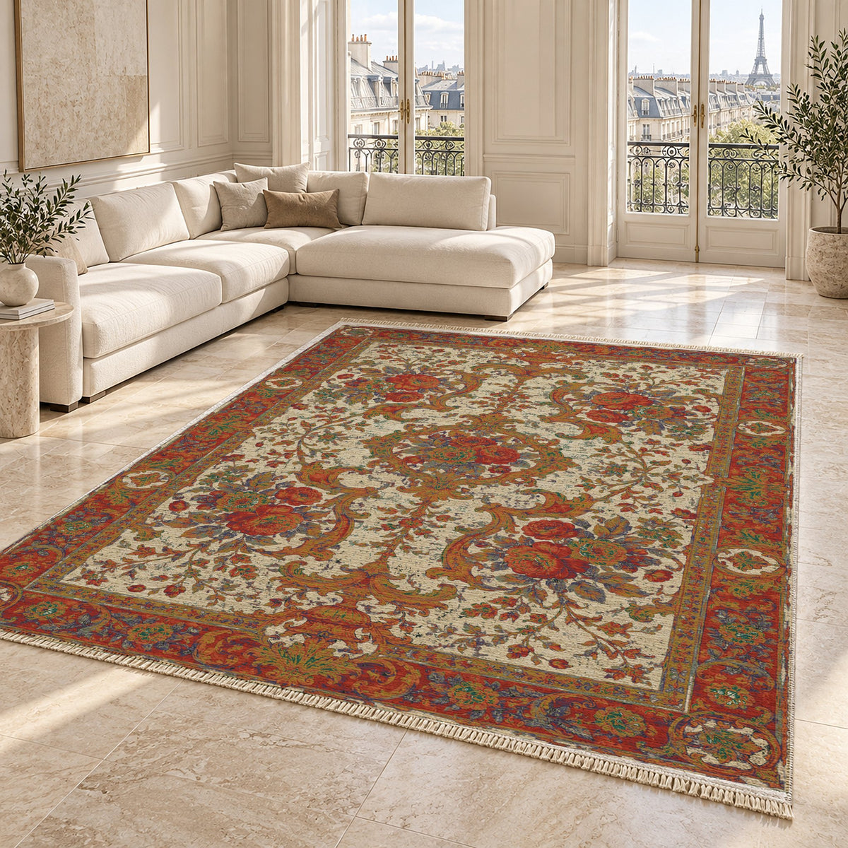 Camellia Court Emerald & Terracotta washable rug angled room view on marble