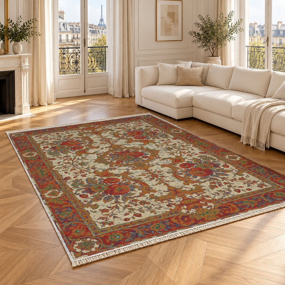 Camellia Court Emerald & Terracotta washable rug angled room view