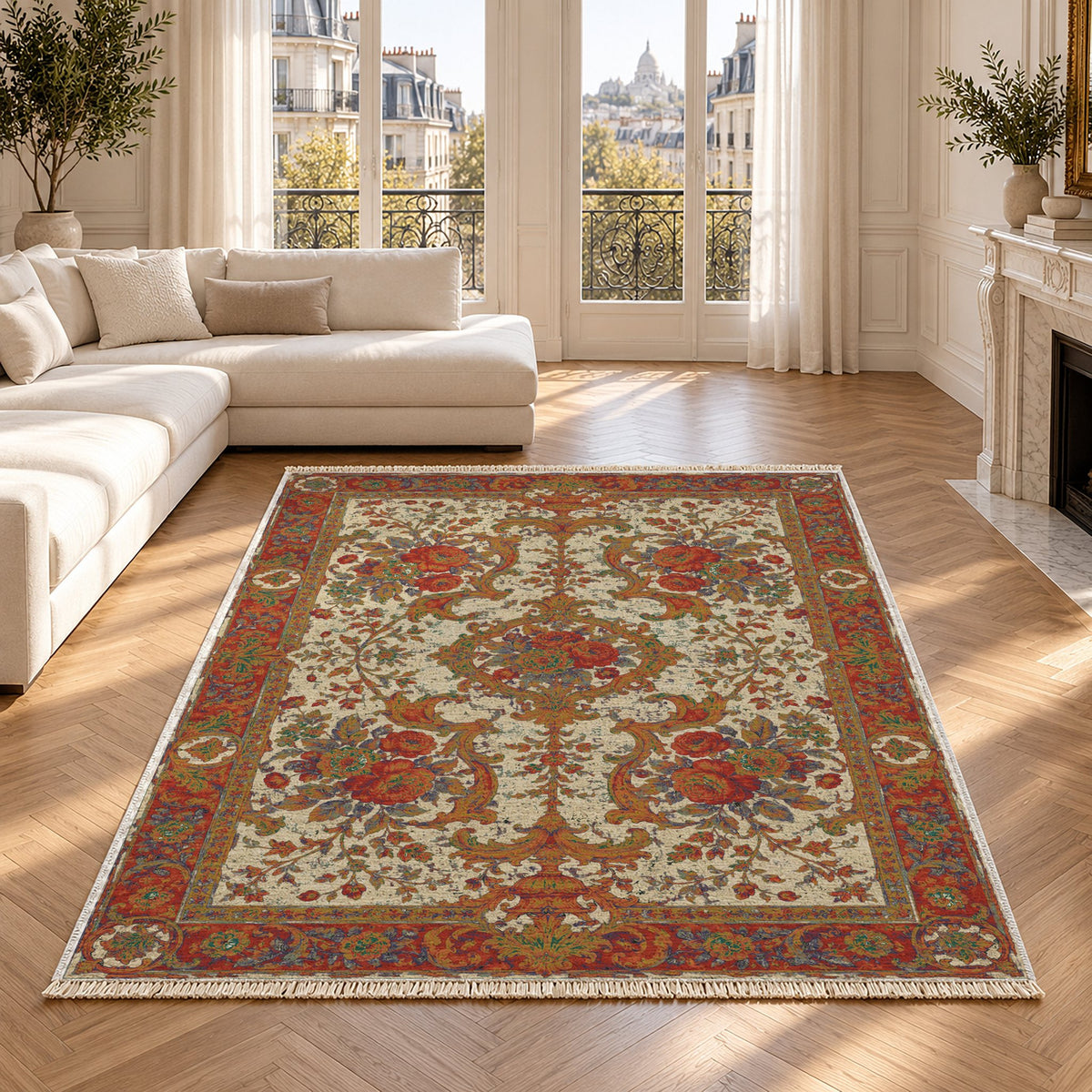 Camellia Court Emerald & Terracotta washable rug in a Paris living room