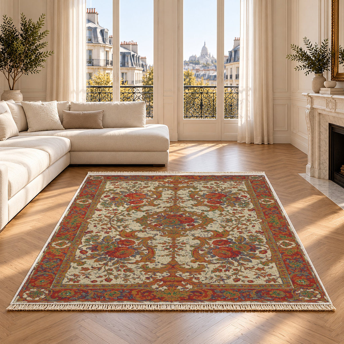 Camellia Court Emerald & Terracotta washable rug on an oak floor