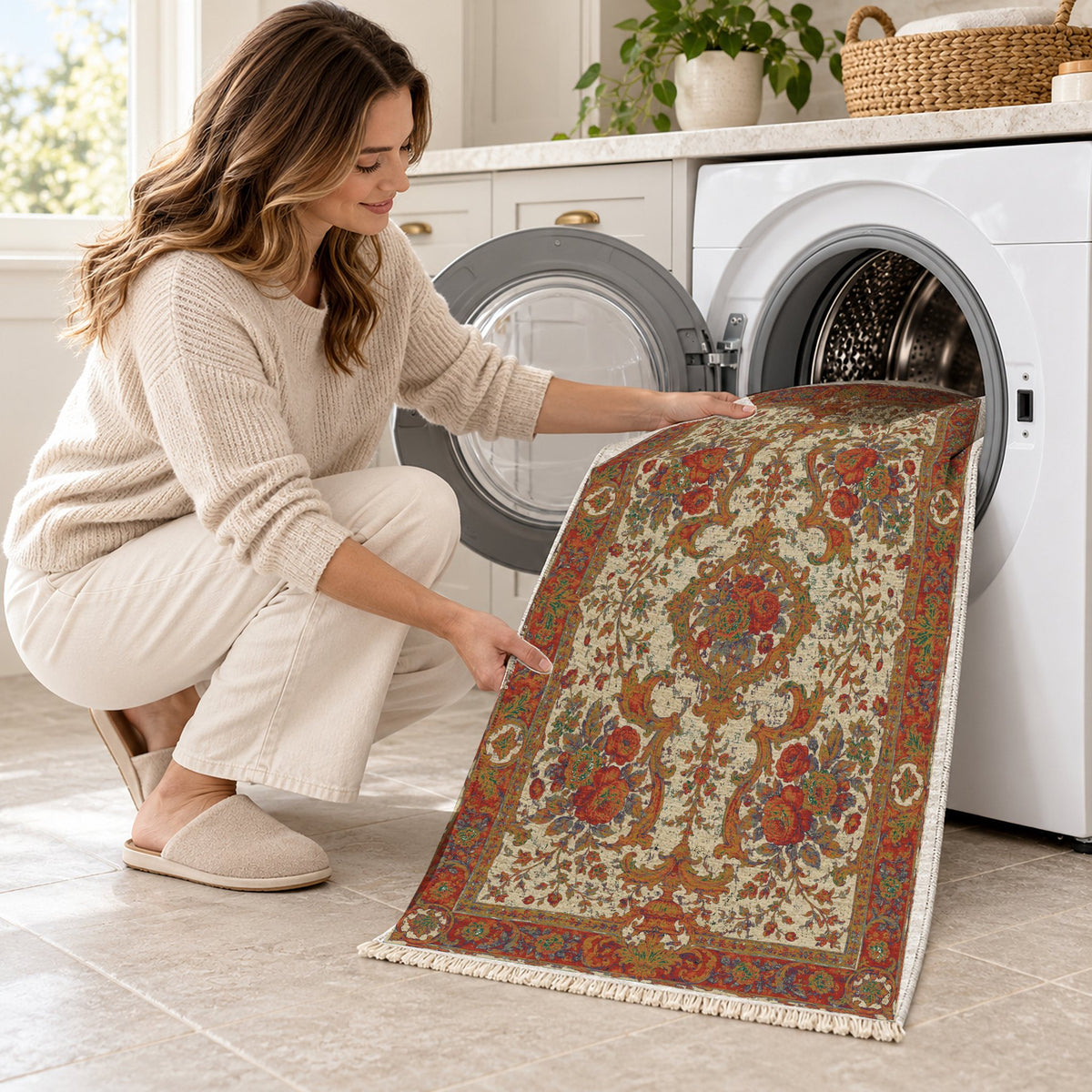 Camellia Court Emerald & Terracotta washable rug being loaded into a washing machine