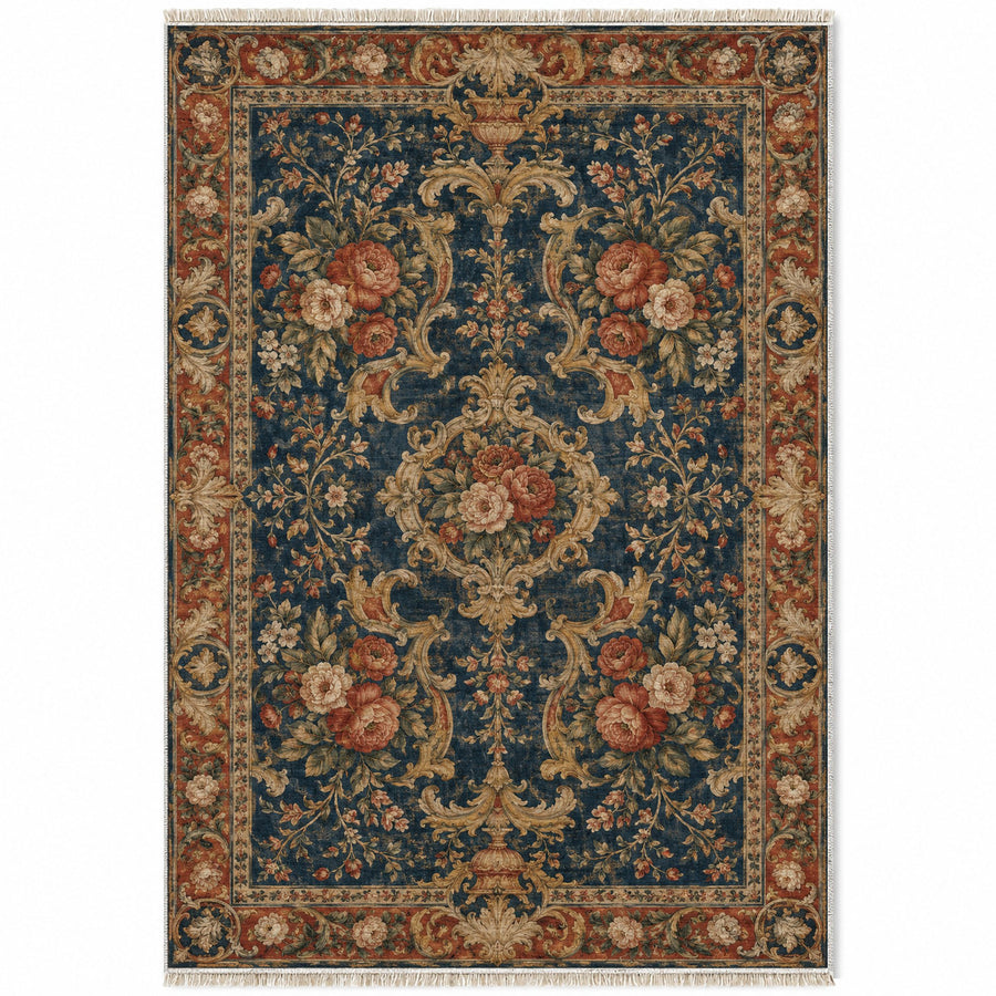 Camellia Court Indigo & Rust Baroque Washable Rug