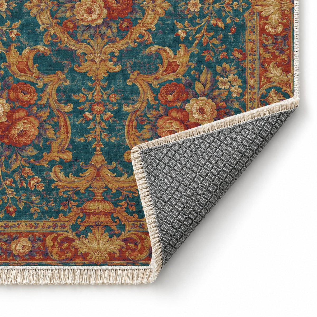 Camellia Court Peacock & Ochre washable rug folded corner showing the backing