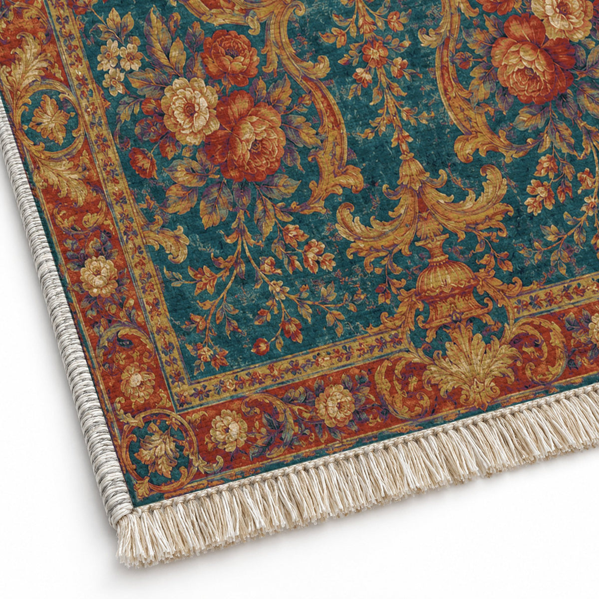 Camellia Court Peacock & Ochre washable rug close-up of the printed chenille