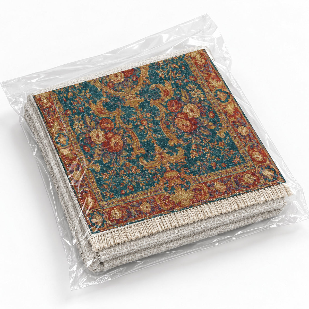 Camellia Court Peacock & Ochre washable rug rolled and packaged