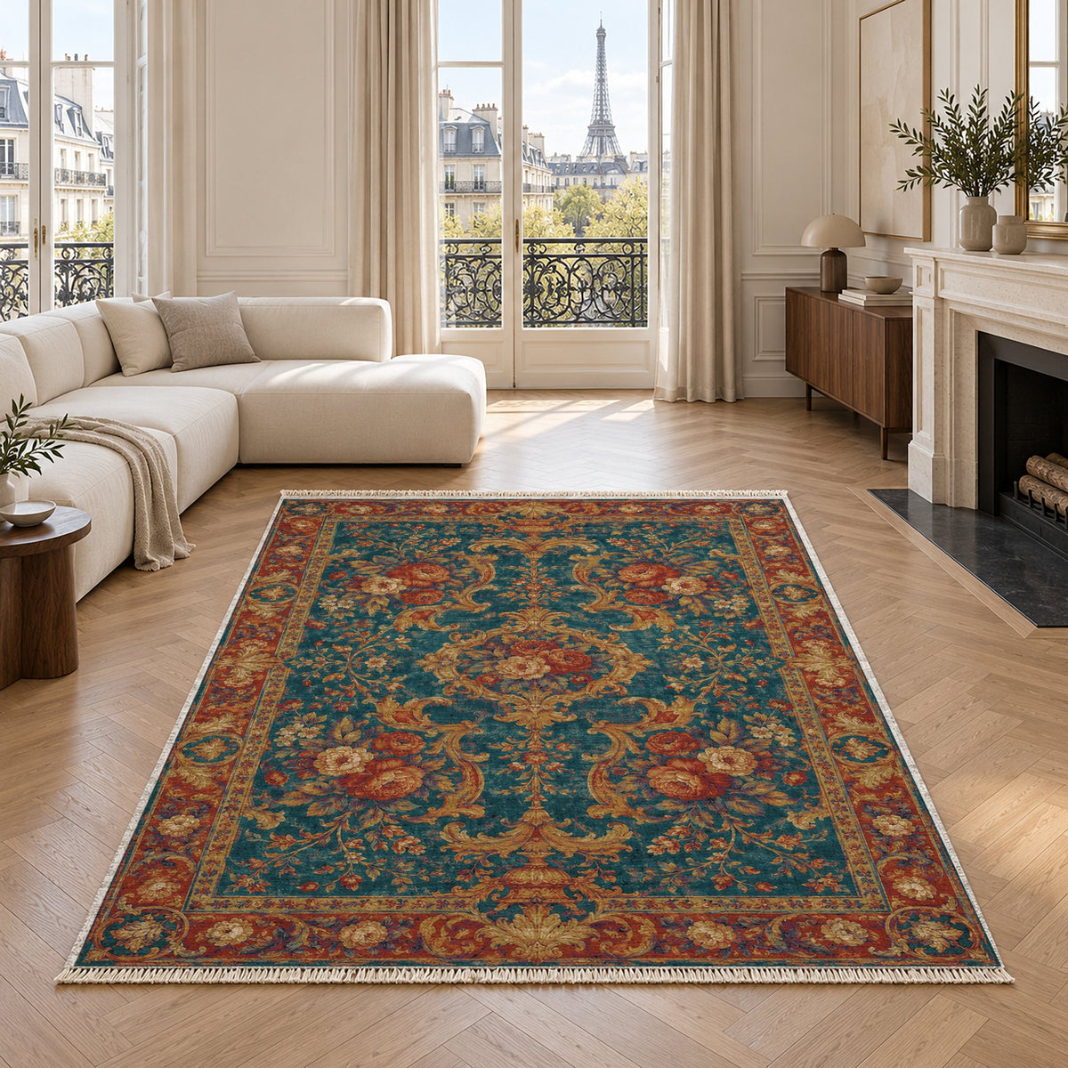 Camellia Court Peacock & Ochre washable rug in a living room with an Eiffel Tower view