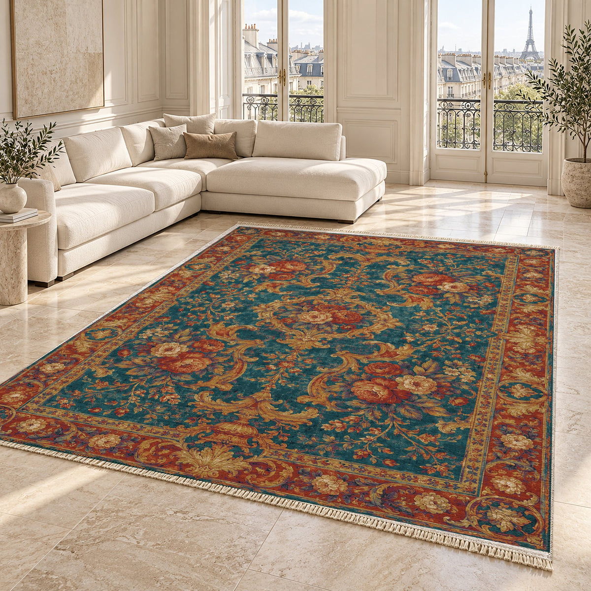 Camellia Court Peacock & Ochre washable rug angled room view on marble