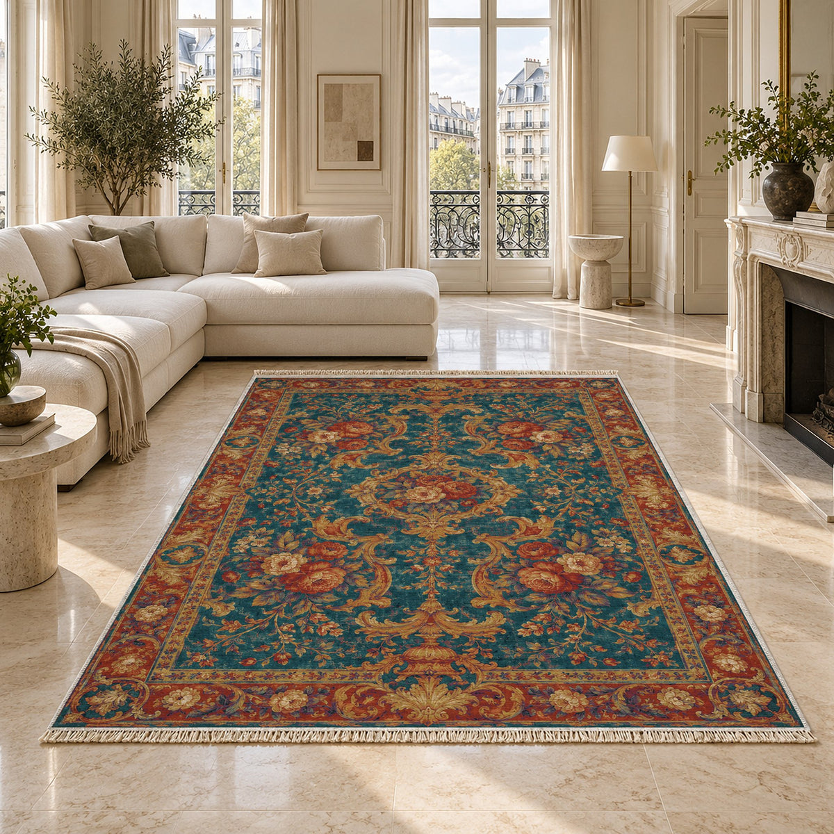 Camellia Court Peacock & Ochre washable rug on a marble floor