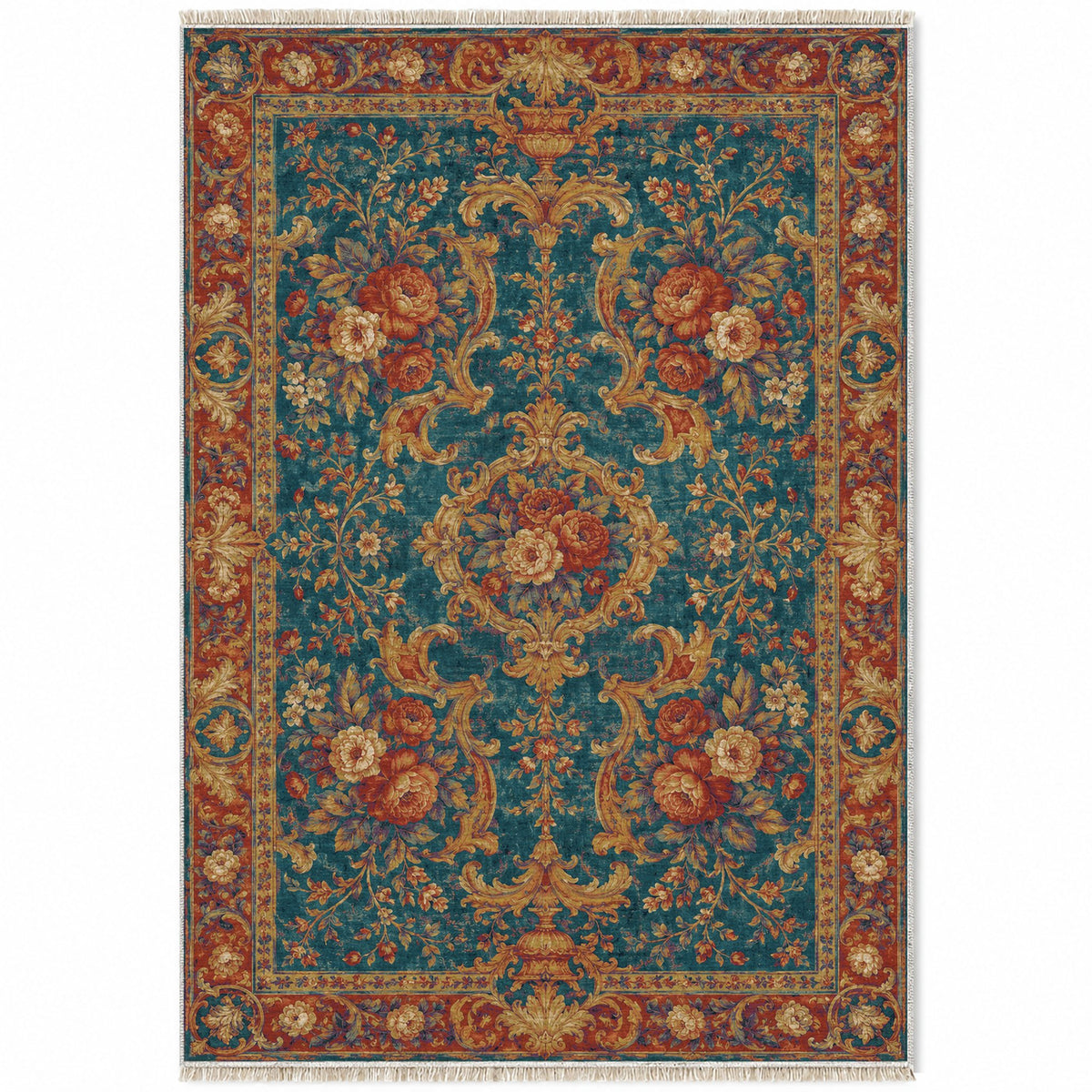 Camellia Court Peacock & Ochre washable rug top view