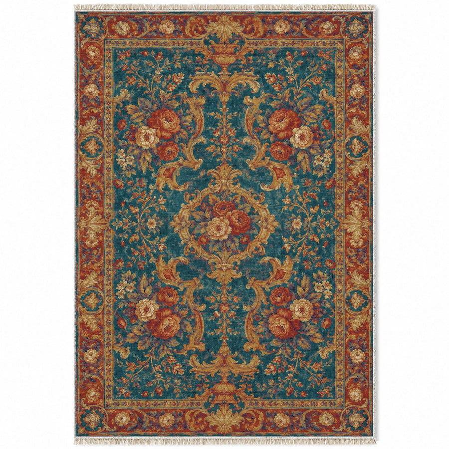 Camellia Court Peacock & Ochre Baroque Washable Rug