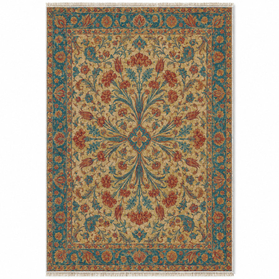 Carnation Fountain Peacock & Ochre Ottoman Washable Rug