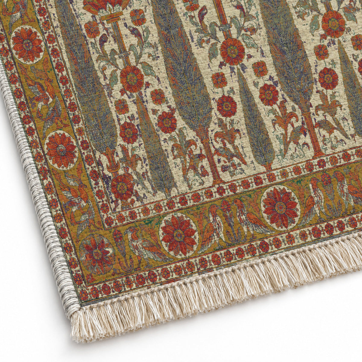 Cedar Court Emerald & Terracotta washable rug close-up of the printed chenille