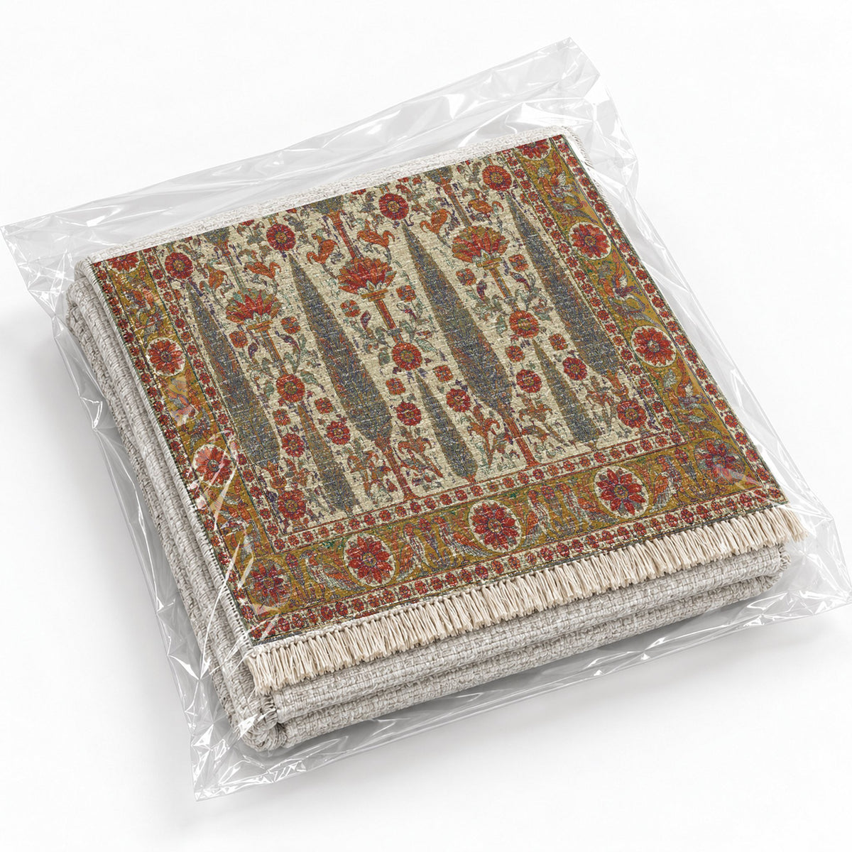 Cedar Court Emerald & Terracotta washable rug rolled and packaged