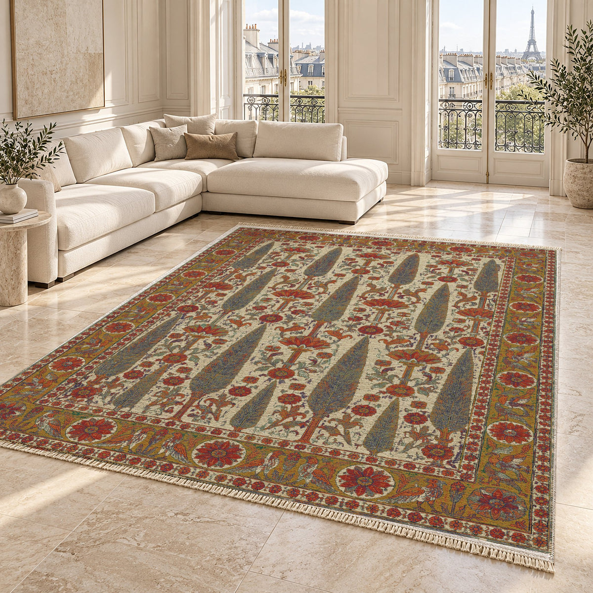 Cedar Court Emerald & Terracotta washable rug angled room view on marble