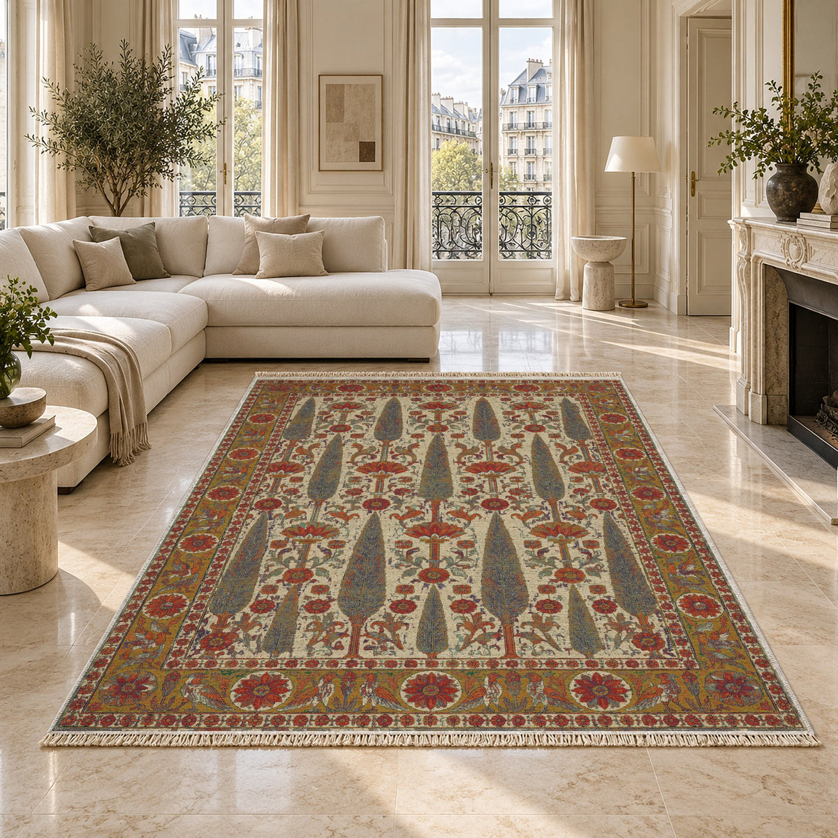 Cedar Court Emerald & Terracotta washable rug on a marble floor