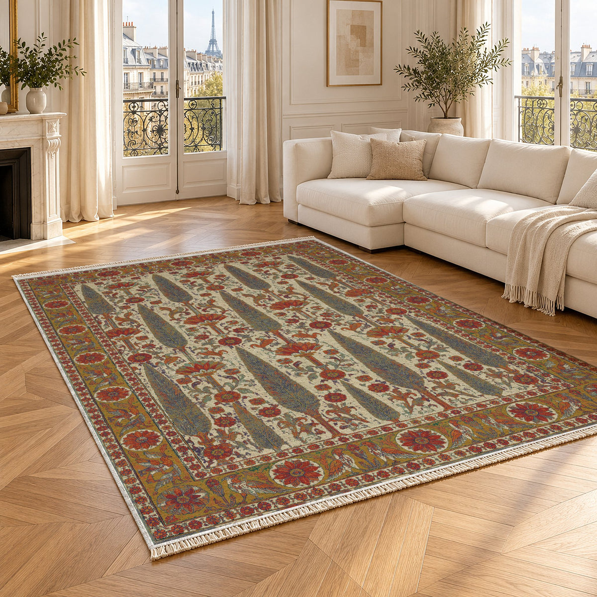 Cedar Court Emerald & Terracotta washable rug angled room view