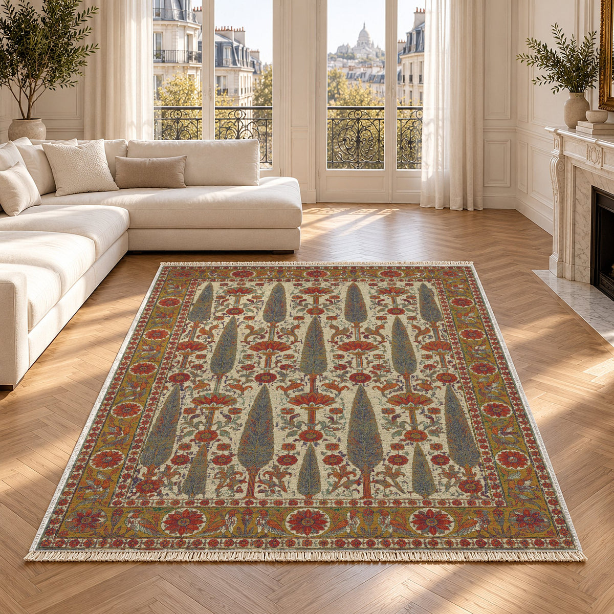 Cedar Court Emerald & Terracotta washable rug in a Paris living room