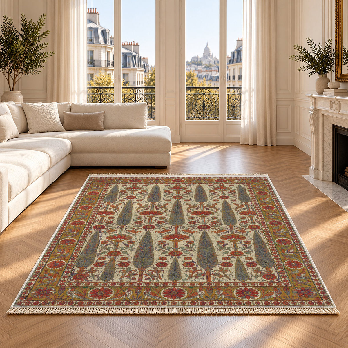Cedar Court Emerald & Terracotta washable rug on an oak floor