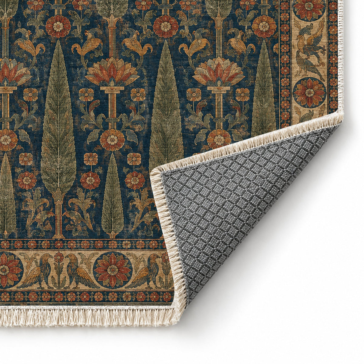 Cedar Court Indigo & Rust washable rug folded corner showing the backing
