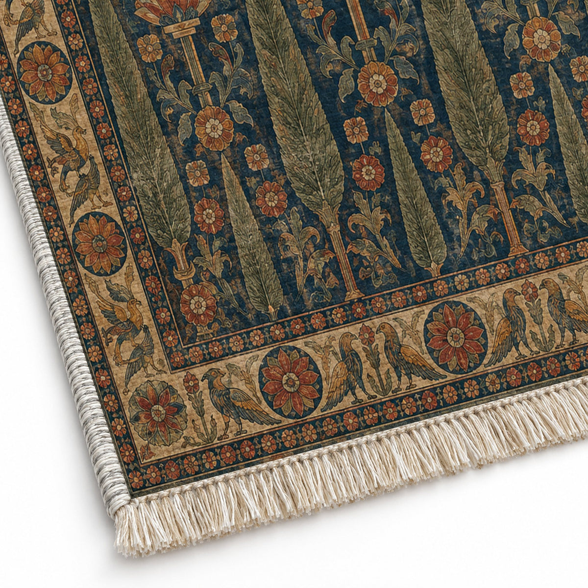 Cedar Court Indigo & Rust washable rug close-up of the printed chenille
