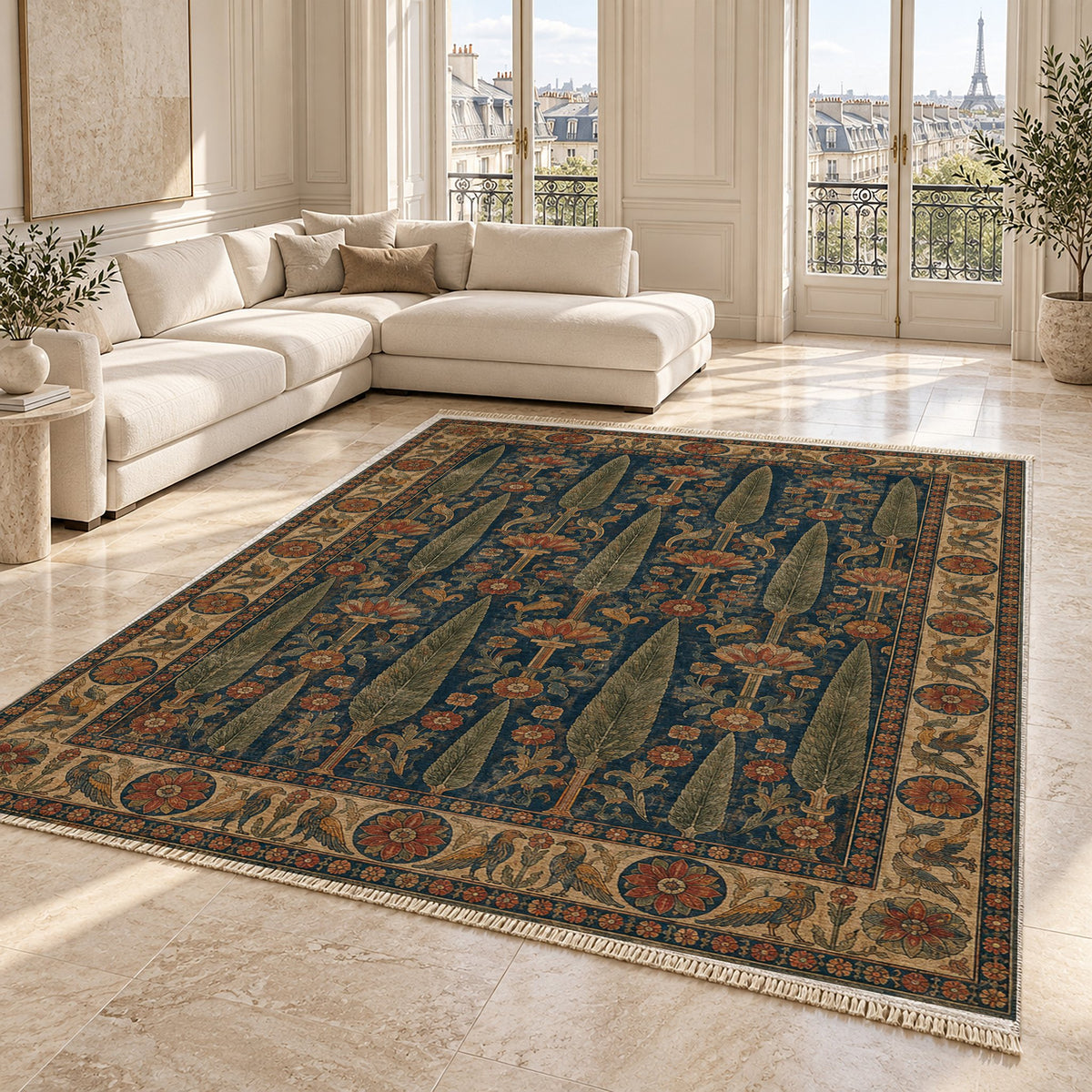 Cedar Court Indigo & Rust washable rug angled room view on marble