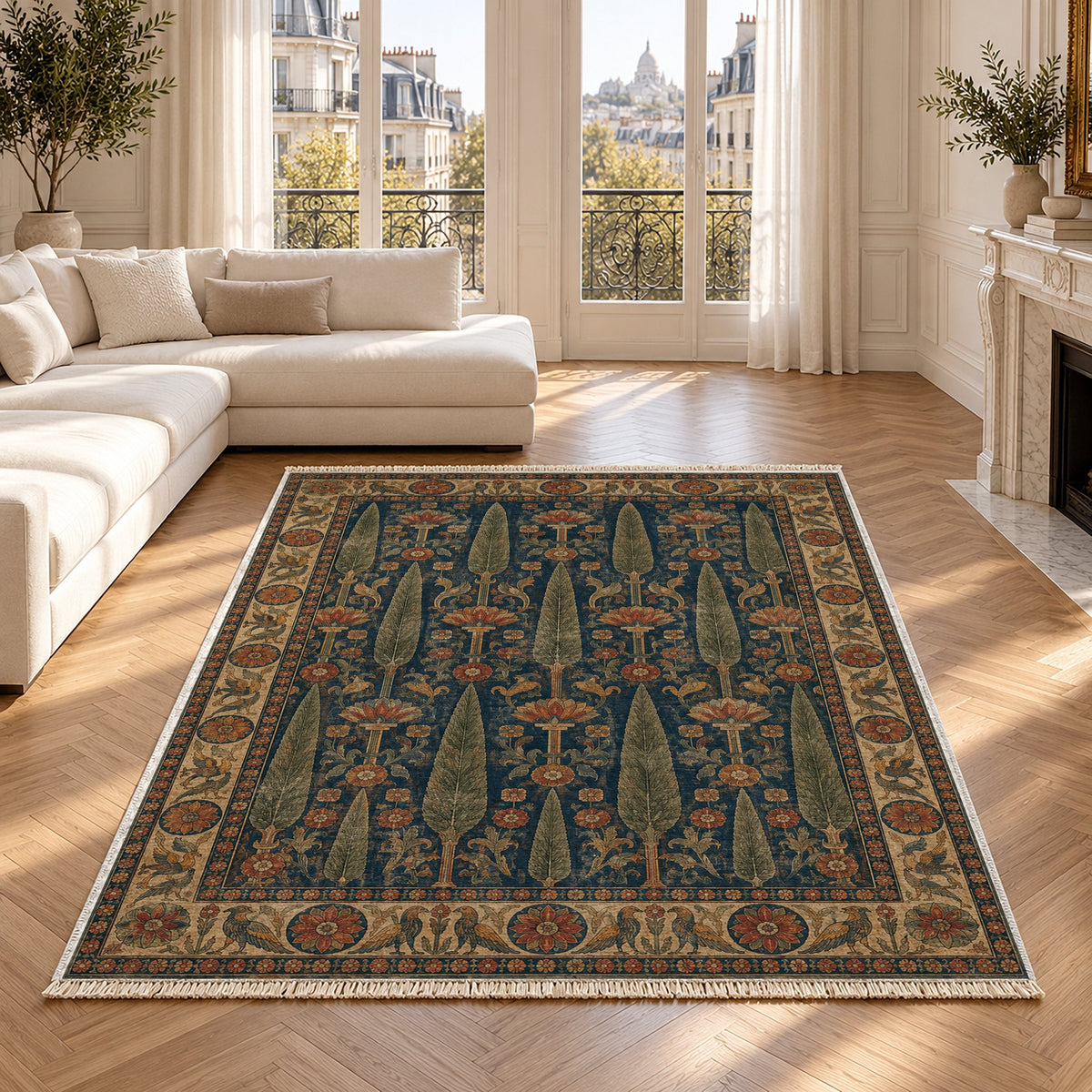 Cedar Court Indigo & Rust washable rug in a Paris living room