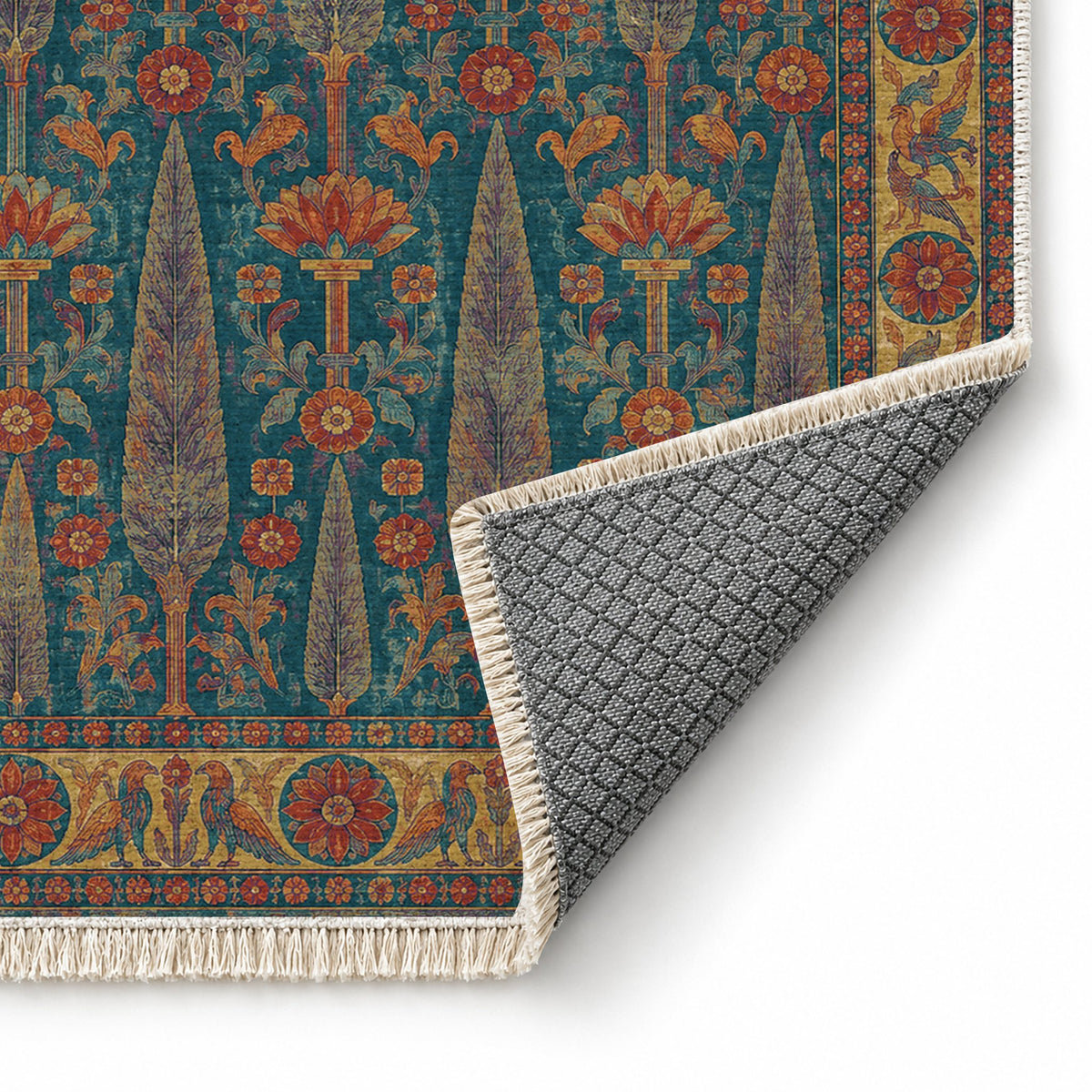 Cedar Court Peacock & Ochre washable rug folded corner showing the backing