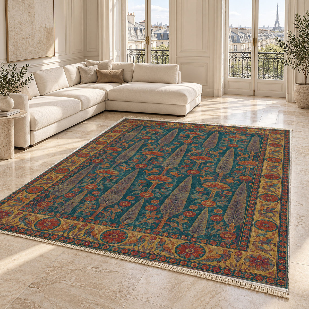 Cedar Court Peacock & Ochre washable rug angled room view on marble
