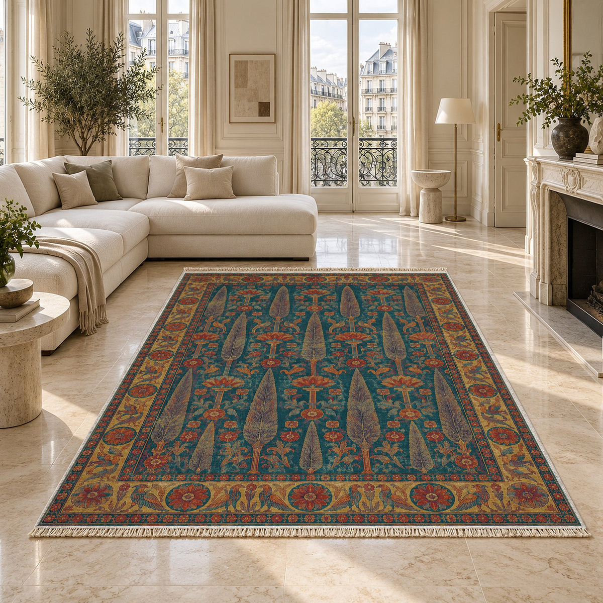 Cedar Court Peacock & Ochre washable rug on a marble floor