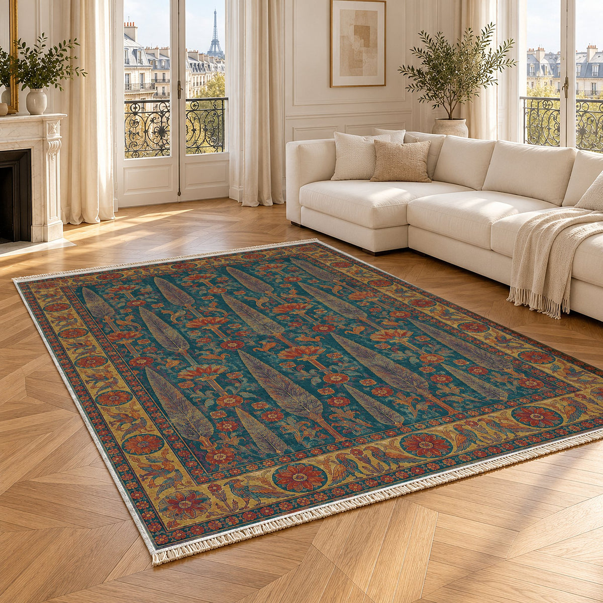 Cedar Court Peacock & Ochre washable rug angled room view