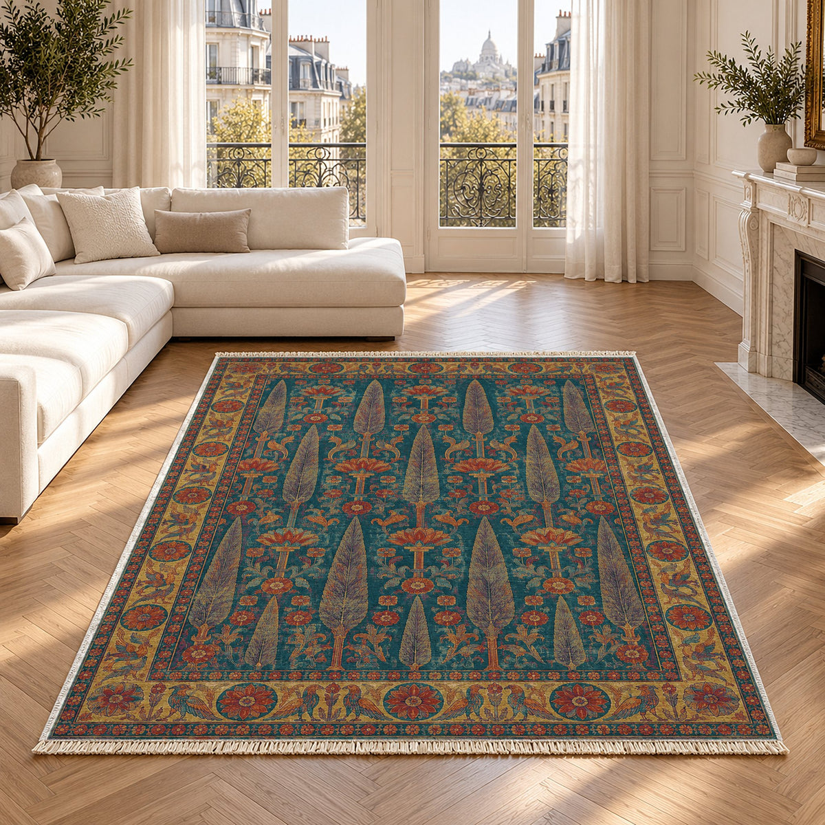 Cedar Court Peacock & Ochre washable rug in a Paris living room