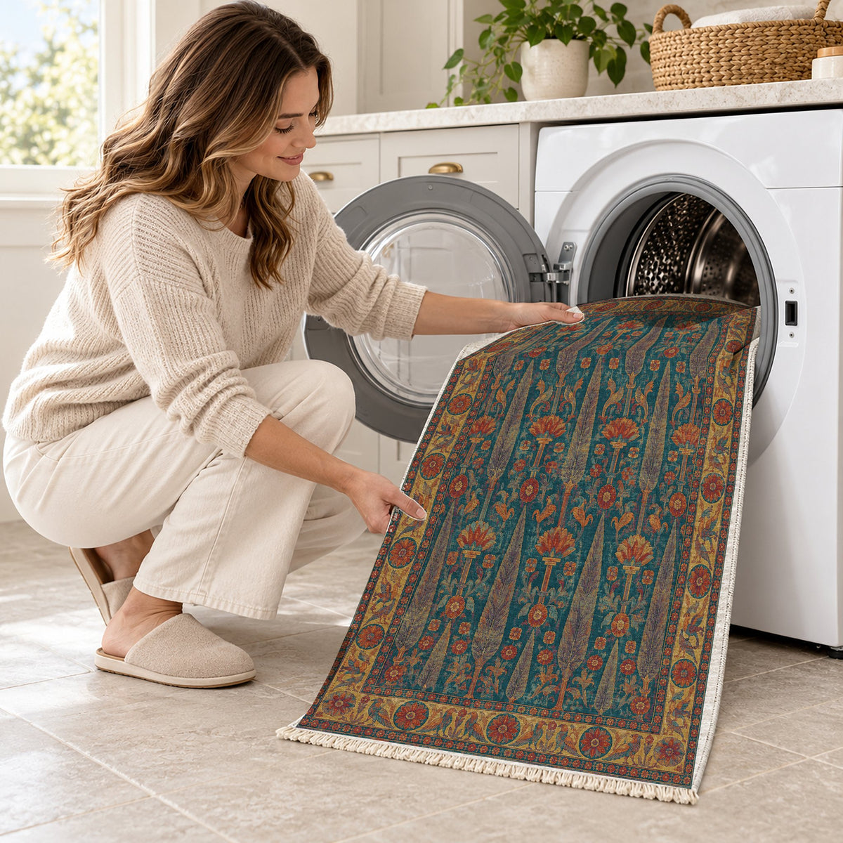 Cedar Court Peacock & Ochre washable rug being loaded into a washing machine