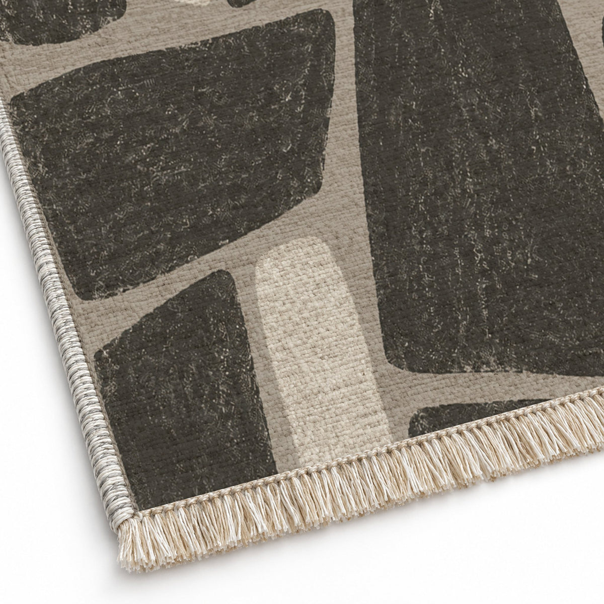 Chalk Fragment Greige & Charcoal washable rug close-up of the printed chenille