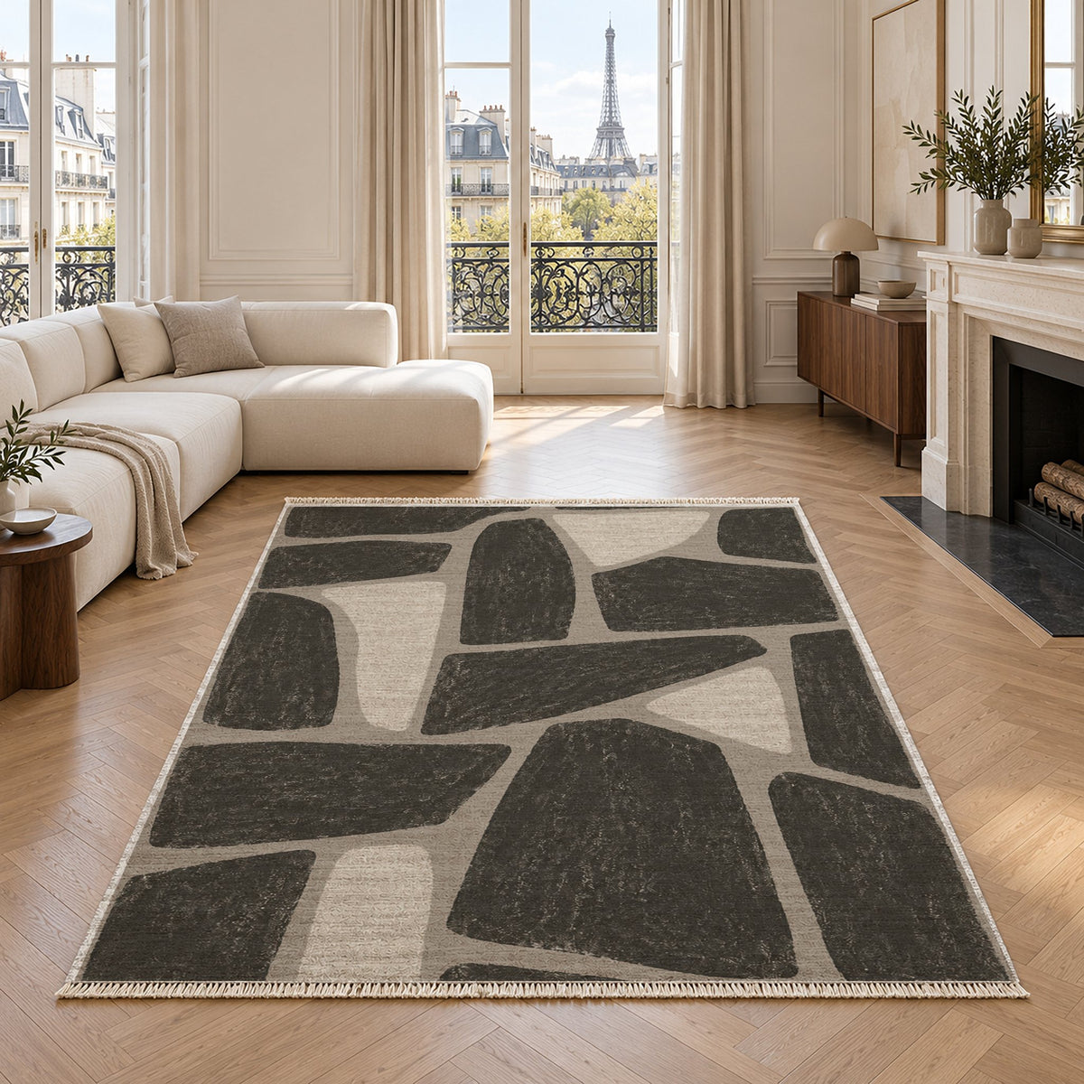 Chalk Fragment Greige & Charcoal washable rug in a living room with an Eiffel Tower view